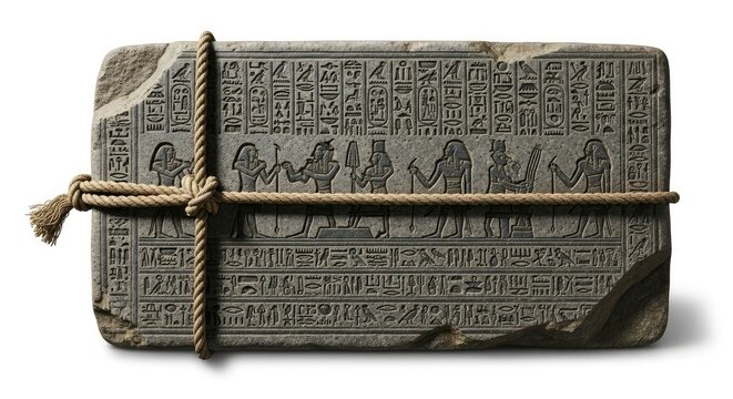 Ancient Egyptian Stone Tablet with Hieroglyphics and Carved Figures of Deities, Tied with Rope, Isolated on White Background