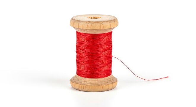 Red sewing thread on a vintage wooden spool isolated on white background