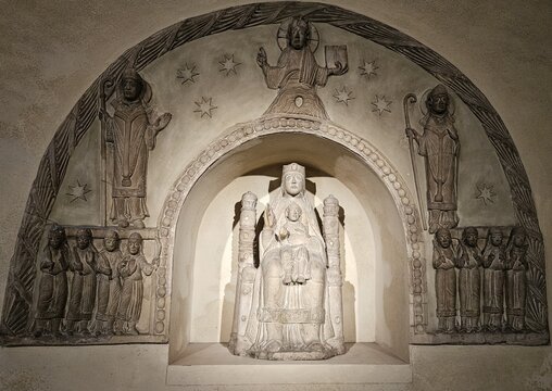 Romanesque Marian stucco retable (c. 1160) depicting Virgin as Sedes Sapientiae, Erfurt Cathedral, Germany
