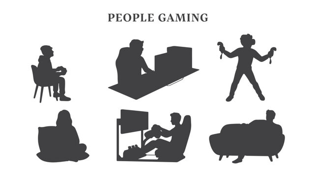 People playing video games silhouette vector set, side view and front view black figures gaming with pc, vr headset, racing simulator, mobile phone, and console on couch isolated on white background