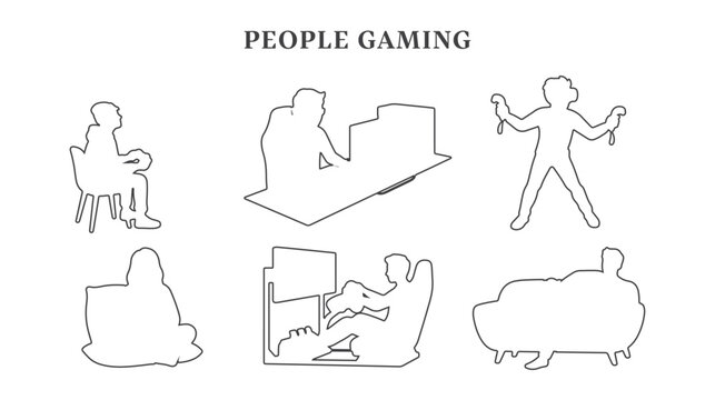 People playing video games line art vector set, side view and front view architectural entourage CAD block figures gaming on computer, vr, simulator, and console isolated on white background