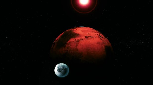 Red planet in deep space with a small moon and bright sun above, dramatic cosmic scene with dark background