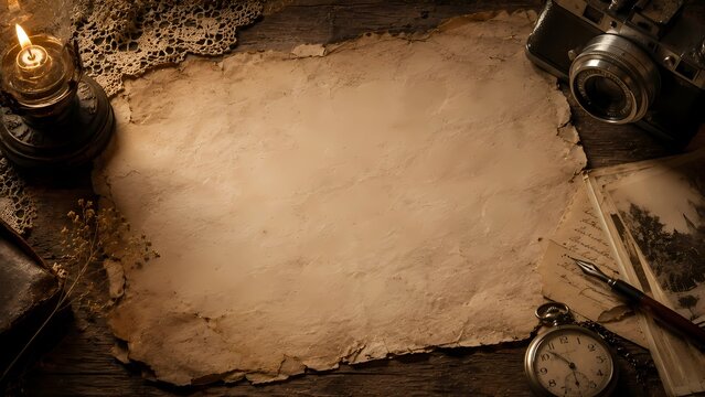 Vintage parchment paper mockup surrounded by antique camera, oil lamp, old pocket watch and fountain pen on wooden desk