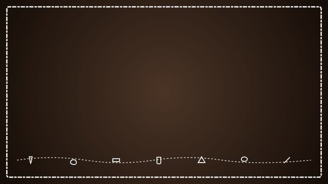 Dark Brown Chalkboard Background with Decorative Hand Drawn Icons and Border.