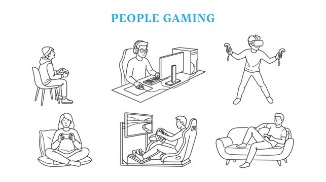 People playing video games vector illustration set, gamers playing in different setups including console, pc gaming, vr headset, mobile phone, racing simulator, and lounging on couch