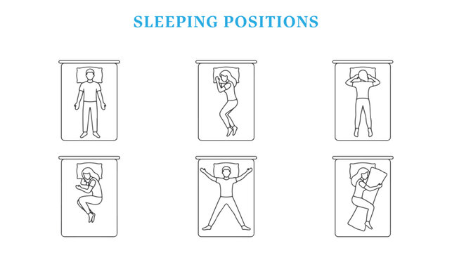 Sleeping positions guide infographic vector illustration set, top view of people sleeping in bed including back, side, stomach, fetal, starfish pose, and hugging pillow positions