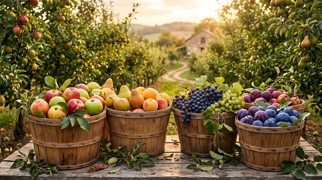 Fresh seasonal fruits in rustic wooden baskets at sunrise. Handpicked harvest of apples, plums, and berries in an orchard setting.