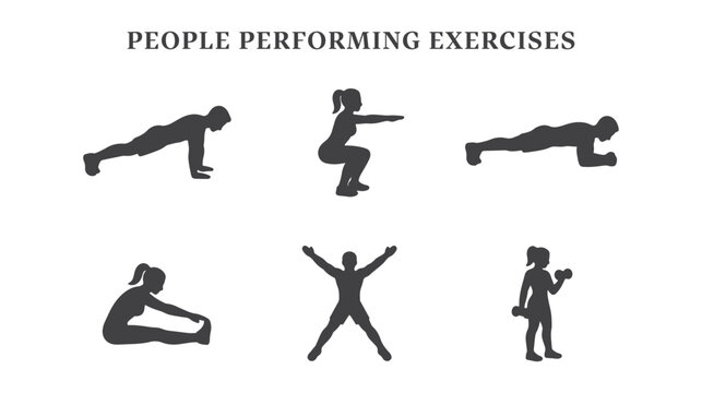 Workout exercises silhouette vector set, side view and front view black figures performing workout poses push-up, squat, plank, stretching, jumping jacks, and dumbbell curl