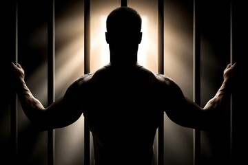 Obraz premium Man in Silhouette Behind Prison Bars Reaching Towards Light