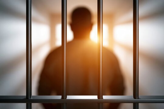 Silhouette of a prisoner behind bars with warm light