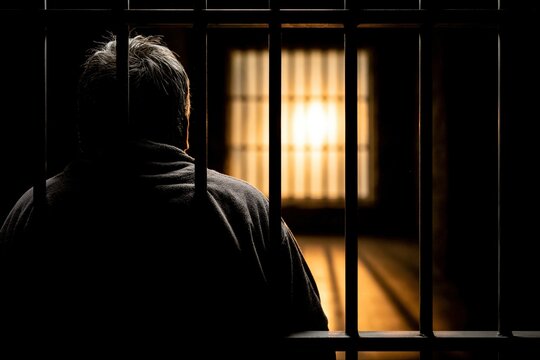 Man in Prison Cell Looking Out Through Bars at Light