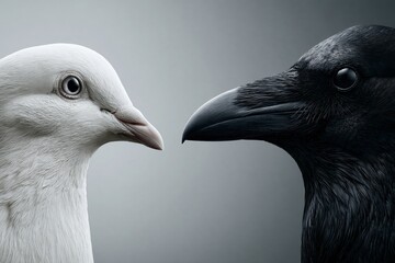 Obraz premium Contrasting white dove and black raven faces in close-up
