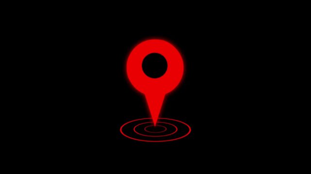Smooth 4K animation of a glowing red GPS location pin dropping onto a black background with expanding ripple waves. Perfect for navigation, digital maps, travel, logistics, mobile apps and UI design.