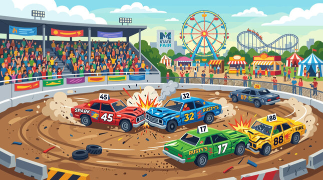 Demolition Derby Cars Crashing in Arena with Crowd and Ferris Wheel