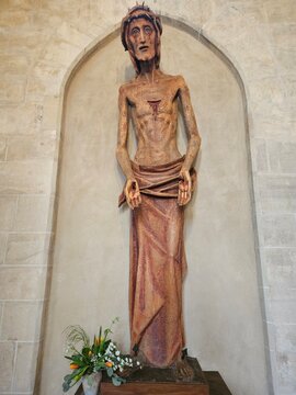 Gothic wooden crucifix (c. 1400) depicting suffering Christ, from Barf&uuml;&szlig;erkirche, Erfurt, Thuringia, Germany
