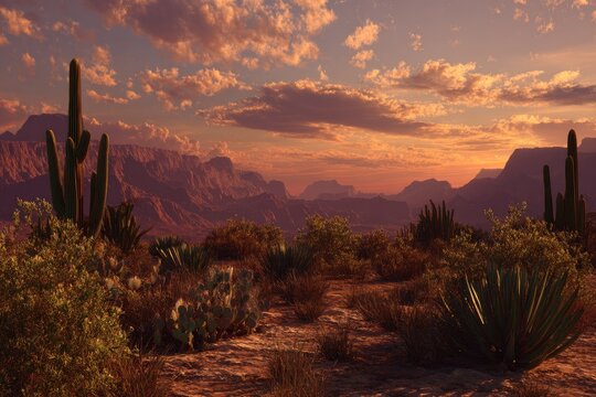 Sunset over a desert landscape, with cacti and mountains silhouetted. The sky is ablaze