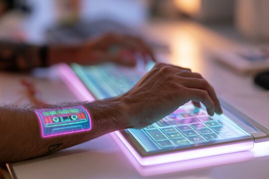 Person typing on a futuristic keyboard with neon accents