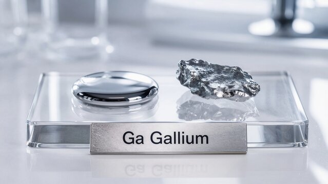 Display of gallium element in a lab setting with a smooth gallium disc and a metal sample on a glass tray, showcasing their physical state and properties at room temperature
