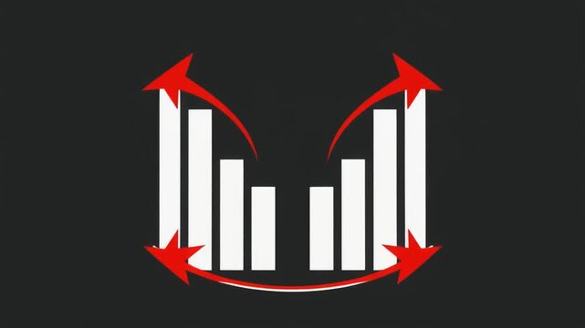 Dynamic bar graph animation with recursive red arrows, representing growth, analysis cycles, and feedback loops, for business data visualization and financial reporting.