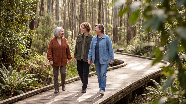 Friends Walking Shaded Woodland Boardwalk During Inclusive Park Visit
