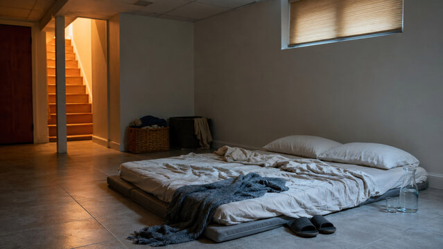 Temporary basement sleeping area during a home heatwave
