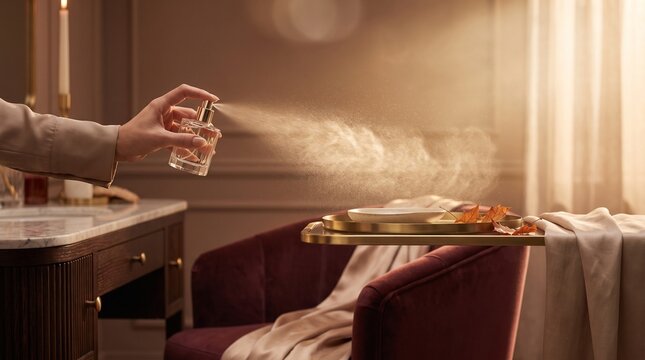 A person sprays fragrant perfume mist over a small decorative tray in elegant interior