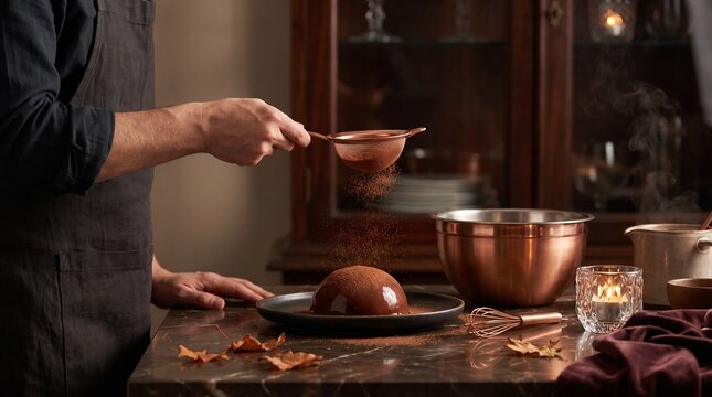 Chef dusting cocoa powder over a chocolate dome dessert in a warm kitchen setting