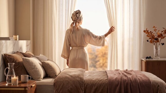 Woman wearing satin robe looking out bedroom window during quiet morning in soft light