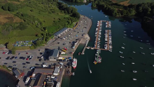 Aerial drone view of Salcombe Fish Quay and Salcombe Harbour, South Devon, England