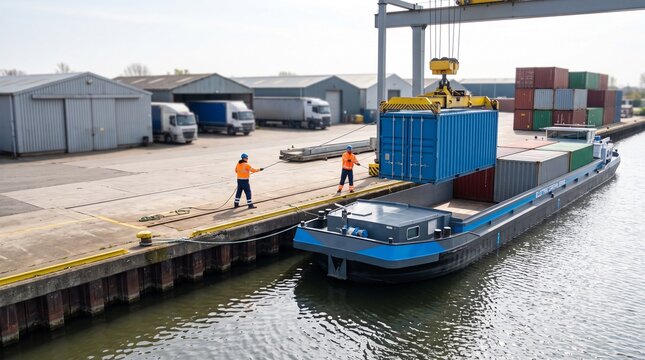 Workers load reusable containers onto an electric river barge