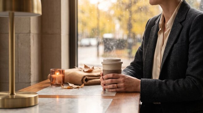 Business professional holding steaming coffee cup beside window during calm autumn afternoon break