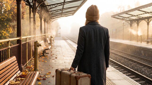 Traveler standing alone with vintage suitcase on foggy autumn train station platform waiting