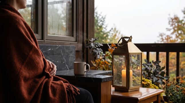 Person wrapped in warm blanket enjoying steaming beverage on quiet autumnal balcony at twilight