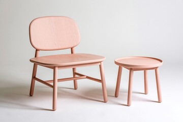 Fototapeta premium A modern pink wooden chair and a small round side table isolated on a white background