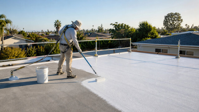 Worker applying reflective coating to a residential cool roof
