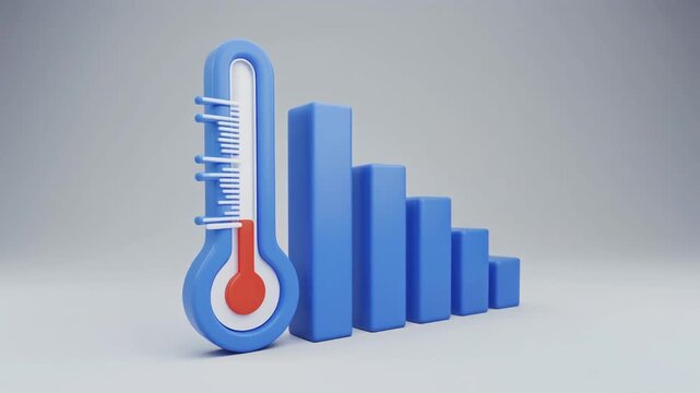 Thermostat 3D animation with rising bar graph, representing temperature increase and economic growth or data trend, abstract concept visuals