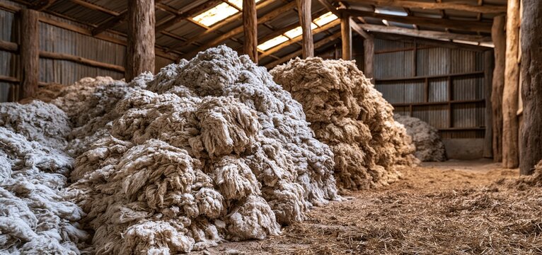 Inside a rustic barn, bundles of raw wool await processing, showcasing traditional farm textile work.