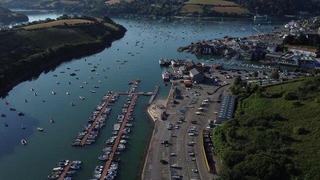 Aerial drone view of pontoons and moorings in Batson Creek, Salcombe, South Devon, England