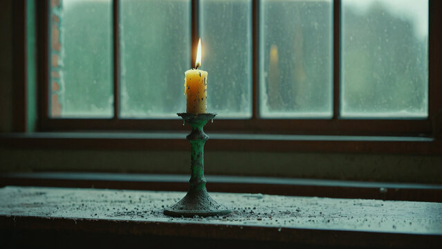A single burning candle in an old weathered green candlestick on a dusty table in front of a dirty window