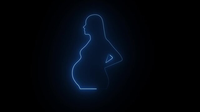 "Elegant neon pregnant mother animation featuring a glowing outline silhouette of an expecting woman gently holding her baby bump high-quality 4K motion graphics, no text, no logo, no watermark."