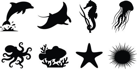 Marine Life Silhouette Collection Featuring Dolphin Stingray Seahorse Jellyfish Octopus Reef Fish Starfish and Sea Urchin Vector Set © MstRumana