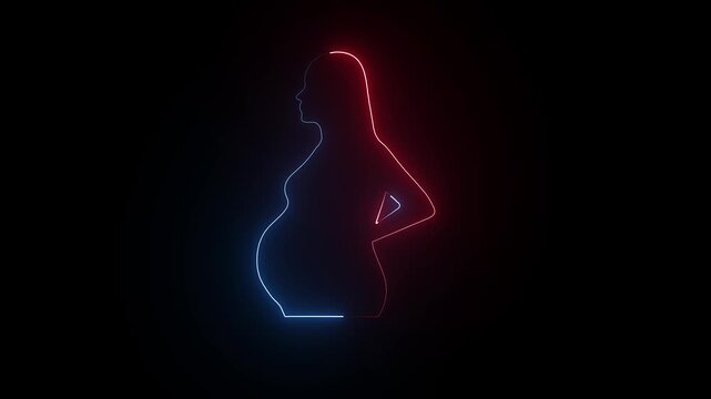 "Elegant neon pregnant mother animation featuring a glowing outline silhouette of an expecting woman gently holding her baby bump high-quality 4K motion graphics, no text, no logo, no watermark."