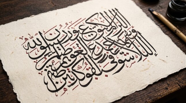 Arabic calligraphy art on textured handmade paper document.