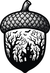 Detailed black and white ink drawing of an acorn featuring a miniature forest landscape inside the nut © MstMohasana