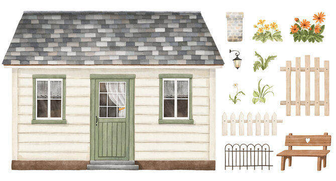 Сute watercolor set of garden house with beautiful roof, windows, wooden bench, fence, border, flowers and plants. Hand-drawn collection for your country design card, poster, background or cover.