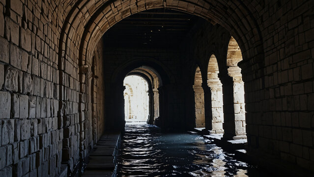 An ancient stone cistern flooded historic underground hall with arches and water reflecting light