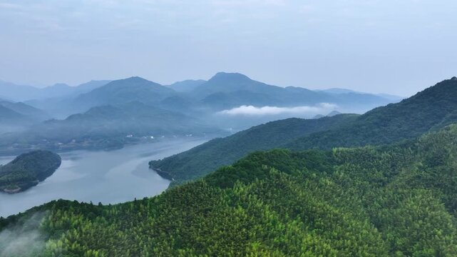 Morning Cloud Sea at Wuji Mountain Huoshan Lu'an Anhui, Sunrise Golden Light Piercing Rolling Mist Over Peaks