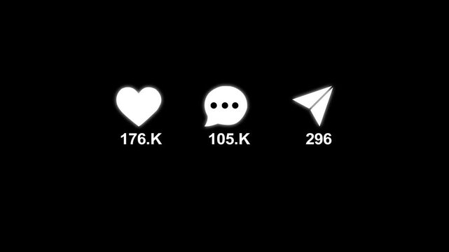 Viral content animation. Like comment and share social media animation reel count on black screen 4K