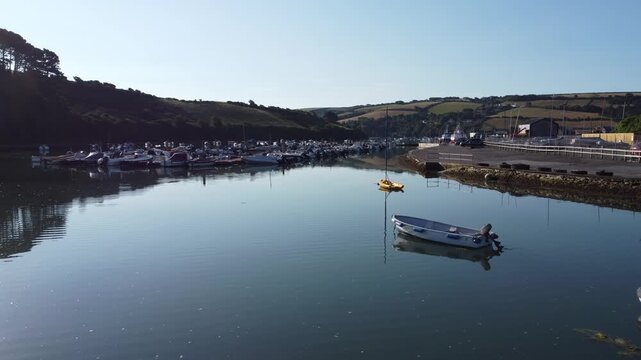 Aerial drone view of pontoons and moorings in Batson Creek, Salcombe, South Devon, England