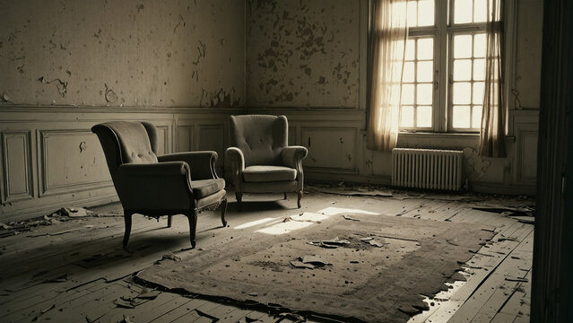 An abandoned dilapidated room with vintage armchairs, a worn rug, and peeling walls lit by a window